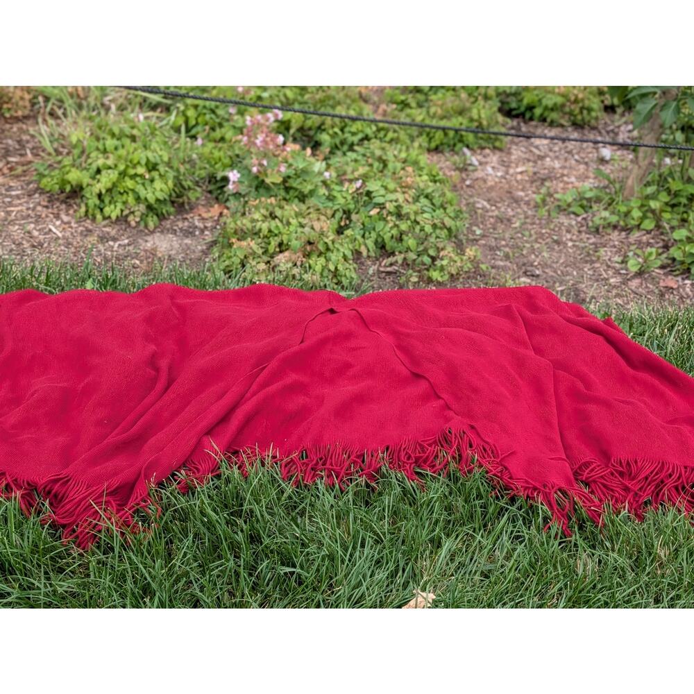 Vintage Poncho Shawl Wrap One Size Red Woven Fringe